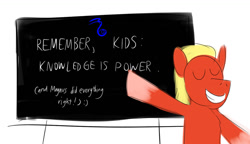 Size: 1024x589 | Tagged: safe, artist:horsesplease, sprout cloverleaf, g5, chalkboard, chaos (warhammer 40k), doodle, emperor sprout, grin, magnus did nothing wrong, magnus the red, meme, sad sprout, smiling, sprout the red, this will end in pain, tzeentch, warhammer (game), warhammer 40k