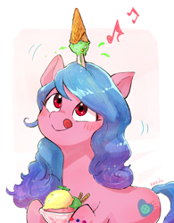 Size: 1102x1412 | Tagged: safe, artist:fuyugi, izzy moonbow, pony, unicorn, g5, blushing, female, food, horn, horn impalement, ice cream, ice cream cone, izzy impaling things, licking, licking lips, looking up, mare, music notes, red eyes, simple background, solo, tongue out, white background