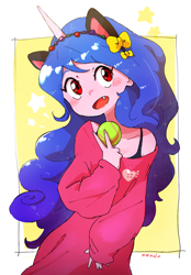Size: 1084x1560 | Tagged: safe, artist:fuyugi, izzy moonbow, human, equestria girls, g4, g5, ball, blushing, cat ears, clothes, cute, cute little fangs, equestria girls-ified, fangs, g5 to equestria girls, g5 to g4, generation leap, horn, horned humanization, humanized, izzybetes, looking at you, loose fitting clothes, off shoulder, open mouth, peace sign, snaggletooth, solo, tennis ball