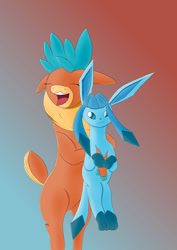 Size: 1024x1449 | Tagged: safe, artist:fizzban08, velvet (tfh), deer, glaceon, reindeer, them's fightin' herds, :3, bear hug, bipedal, community related, duo, eyes closed, female, hug, open mouth, pokémon