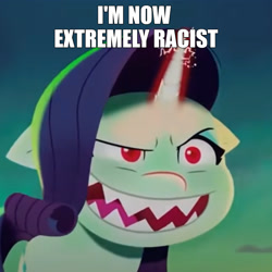 Size: 1280x1280 | Tagged: safe, edit, edited screencap, screencap, rarity, pony, unicorn, g5, my little pony: a new generation, spoiler:my little pony: a new generation, based, caption, evil rarity, evil smile, female, grin, image macro, impact font, mare, meme, racisty, shitposting, smiling, solo, sproutity, text