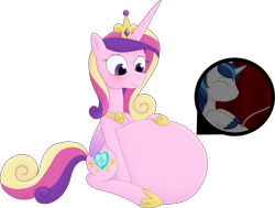 Size: 2639x1995 | Tagged: safe, artist:girlsvoreboys, princess cadance, shining armor, alicorn, pony, unicorn, g4, belly, big belly, cadance pregnant with shining armor, cadancepred, commission, commissioner:reversalmushroom, fetish, good clean married vore, internal, married couples doing married things, permanent, permapregnant, pregdance, pregnant, romance, romantic, simple background, together forever, transparent background, unbirthing, vore, willing vore