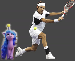 Size: 1420x1155 | Tagged: safe, izzy moonbow, human, pony, unicorn, g5, my little pony: a new generation, spoiler:my little pony: a new generation, ball, female, gray background, irl, irl human, izzy's tennis ball, male, mare, photo, rafael nadal, simple background, size comparison, size difference, tennis ball, tennis racket