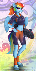 Size: 1220x2390 | Tagged: safe, artist:yakovlev-vad, part of a set, rainbow dash, pegasus, anthro, unguligrade anthro, g4, abs, abstract background, athletic, belly button, clothes, collarbone, eyebrows, eyebrows visible through hair, female, full body, grin, hand on hip, holding, looking at you, mare, midriff, ponytail, shorts, skateboard, smiling, smiling at you, solo, sports shorts, spread wings, tail, tomboy, toned, unshorn fetlocks, winged anthro, wings