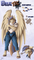 Size: 986x1750 | Tagged: safe, artist:jamescorck, oc, oc only, oc:bluetec, pegasus, anthro, clothes, male, shirt, solo, wrench