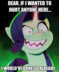 Size: 664x813 | Tagged: safe, screencap, rarity, pony, unicorn, g5, my little pony: a new generation, spoiler:my little pony: a new generation, alastor, caption, evil rarity, female, glowing, glowing horn, hazbin hotel, hellaverse, horn, image macro, mare, possessed, red pupils, reference to another series, sharp teeth, solo, sproutity, teeth, text, that's entertainment
