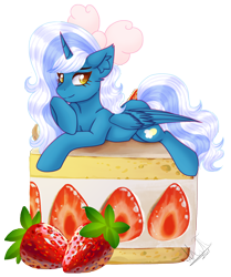 Size: 2106x2524 | Tagged: safe, artist:greenmarta, oc, oc only, oc:fleurbelle, alicorn, pony, alicorn oc, bow, cake, ear fluff, female, folded wings, food, hair bow, high res, horn, lying down, mare, prone, signature, simple background, smiling, solo, strawberry, transparent background, wings