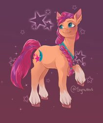 Size: 1015x1200 | Tagged: safe, artist:synubus, sunny starscout, earth pony, pony, g5, backwards cutie mark, braid, coat markings, colored hooves, eyebrows, female, gradient background, mare, raised hoof, smiling, socks (coat markings), solo, stars, tail, teal eyes, unshorn fetlocks, watermark