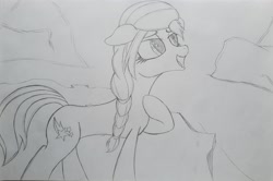 Size: 2873x1908 | Tagged: safe, artist:straighttothepointstudio, sunny starscout, earth pony, pony, g5, black and white, cliff, female, grayscale, happy, hoof on chest, monochrome, solo, traditional art