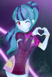 Size: 1181x1748 | Tagged: safe, artist:namieart, sonata dusk, equestria girls, g4, base used, clothes, cute, dress, female, heart, heart hands, looking at you, minidress, one eye closed, smiling, smiling at you, solo, sonatabetes, sparkly hair, taco dress, wink, winking at you