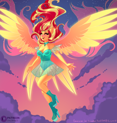 Size: 1904x2000 | Tagged: safe, artist:xjenn9, sunset shimmer, human, equestria girls, g4, my past is not today, boots, choker, clothes, eared humanization, eyes closed, flying, high heels, humanized, leotard, open mouth, open smile, ponied up, see-through, shoes, skirt, smiling, solo, spread wings, sunset phoenix, winged humanization, wings