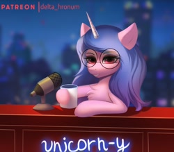 Size: 1458x1280 | Tagged: safe, artist:delta hronum, izzy moonbow, pony, unicorn, g5, my little pony: a new generation, spoiler:my little pony: a new generation, chest fluff, cute, female, fit right in (g5), glasses, izzybetes, mare, microphone, mug, round glasses, solo, talk show, unicorn-y talks with izzy