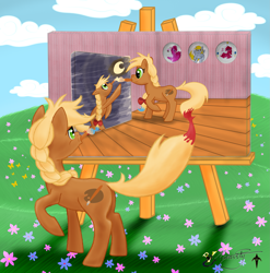 Size: 2137x2161 | Tagged: safe, artist:smilodonkahn, derpy hooves, pinkie pie, oc, oc only, oc:brushstroke, earth pony, pony, butt, easel, female, high res, meadow, mouth hold, paintbrush, painting, plot, solo