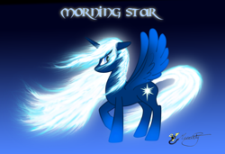 Size: 2112x1444 | Tagged: safe, artist:smilodonkahn, oc, oc only, oc:morning star, alicorn, pony, alicorn oc, female, floppy ears, horn, solo, spread wings, wings