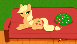 Size: 800x464 | Tagged: safe, artist:smilodonkahn, applejack, earth pony, pony, g4, couch, female, lidded eyes, lying down, prone, smiling, solo