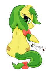 Size: 325x500 | Tagged: safe, artist:smilodonkahn, apple fritter, earth pony, pony, g4, apple family member, both cutie marks, bow, butt, female, fritterbutt, green eyes, hair bow, looking at you, looking back, looking back at you, mare, plot, rear view, signature, simple background, sitting, solo, tail, tail bow, transparent background, two toned mane, two toned tail