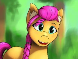 Size: 4000x3000 | Tagged: safe, artist:apuljack, sunny starscout, earth pony, pony, g5, eye clipping through hair, eyebrows, eyebrows visible through hair, female, high res, mare, open mouth, open smile, smiling, solo