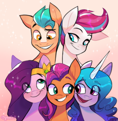 Size: 2430x2504 | Tagged: safe, artist:dymitre, hitch trailblazer, izzy moonbow, pipp petals, sunny starscout, zipp storm, earth pony, pegasus, pony, unicorn, g5, female, high res, male, mane five, mare, royal sisters (g5), siblings, sisters, stallion