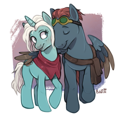 Size: 1322x1257 | Tagged: safe, artist:birdoffnorth, pegasus, pony, unicorn, crossover, disenchantment, duo, female, goggles, hug, male, non-mlp shipping, ponified, princess bean, shipping, sky gunderson, smiling, straight, winghug, wings