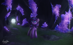 Size: 3461x2160 | Tagged: safe, artist:noasha, oc, oc only, oc:diamond, pony, unicorn, cave, crystal, female, grass, high res, horn, light, not starlight glimmer, scenery, signature, solo, stone, unicorn oc, water, wow