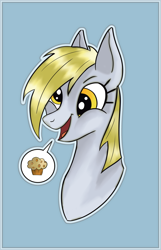 Size: 2677x4162 | Tagged: safe, artist:heatherberserker, derpy hooves, pegasus, pony, g4, bust, female, food, muffin, simple background, solo