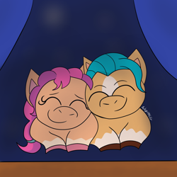 Size: 1080x1080 | Tagged: safe, artist:artyanimated, hitch trailblazer, sunny starscout, earth pony, pony, g5, colt, colt hitch trailblazer, duo, female, filly, filly sunny starscout, male, sleeping, smiling, younger