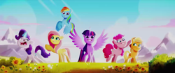 Size: 1280x536 | Tagged: safe, screencap, applejack, fluttershy, pinkie pie, rainbow dash, rarity, twilight sparkle, alicorn, earth pony, pegasus, pony, unicorn, g5, my little pony: a new generation, spoiler:my little pony: a new generation, evil, evil rarity, female, mane six, mare, pony history, possessed, prologue, rarisnap, red eyes, red pupils, sharp teeth, start of ponies, teeth, twilight sparkle (alicorn)