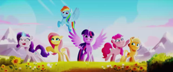 Size: 1280x536 | Tagged: safe, screencap, applejack, fluttershy, pinkie pie, rainbow dash, rarity, twilight sparkle, alicorn, earth pony, pegasus, pony, unicorn, g5, my little pony: a new generation, spoiler:my little pony: a new generation, evil, evil rarity, female, mane six, mare, pony history, possessed, prologue, rarisnap, red eyes, red pupils, sharp teeth, start of ponies, teeth, twilight sparkle (alicorn)