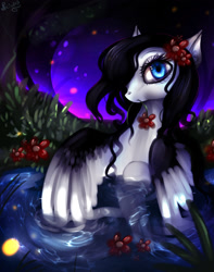 Size: 1280x1625 | Tagged: safe, artist:rocioam7, oc, oc only, pegasus, pony, bathing, female, flower, flower in hair, flower in mouth, mouth hold, solo, wet, wet mane