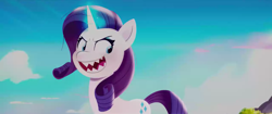 Size: 1280x536 | Tagged: safe, screencap, rarity, pony, unicorn, g5, my little pony: a new generation, spoiler:my little pony: a new generation, evil, evil rarity, female, mare, pony history, possessed, prologue, rarisnap, sharp teeth, sproutity, start of ponies, teeth