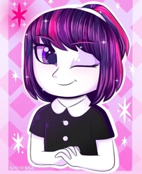 Size: 719x882 | Tagged: safe, artist:twiliysa, twilight sparkle, human, g4, abstract background, humanized, one eye closed, solo, wink