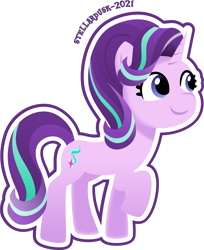 Size: 3224x3944 | Tagged: safe, artist:stellardusk, starlight glimmer, pony, unicorn, g4, g5, my little pony: a new generation, spoiler:g5, spoiler:my little pony: a new generation, blue eyes, cute, female, g4 to g5, glimmerbetes, high res, horn, mare, outline, raised hoof, simple background, smiling, solo, standing, tail, transparent background, two toned mane, two toned tail, watermark