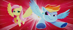 Size: 1920x804 | Tagged: safe, screencap, fluttershy, rainbow dash, pegasus, pony, g5, my little pony: a new generation, spoiler:my little pony: a new generation, female, looking at each other, mare