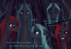 Size: 4900x3400 | Tagged: safe, artist:ghost3280, part of a set, queen chrysalis, oc, oc:crimsling, oc:natiri, changeling, changeling queen, g4, changeling oc, comic, curved horn, eyes closed, female, floppy ears, grin, horn, long mane, loose hair, male, red changeling, rule 63, smiling, text