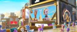 Size: 1920x804 | Tagged: safe, screencap, dazzle feather, skye silver, pegasus, pony, g5, my little pony: a new generation, spoiler:my little pony: a new generation, 3d, billboard, cbs, female, glasses, male, mare, mcdonald's, news, news report, news reporter, spotify, stallion, television, television logo joke, unnamed character, unnamed pony, watch, zephyr heights