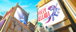 Size: 1920x804 | Tagged: safe, screencap, pegasus, pony, g5, my little pony: a new generation, spoiler:my little pony: a new generation, 3d, billboard, billy elliot, filly elliot, musical, perfume, unnamed character, unnamed pony, zephyr heights