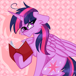 Size: 2000x2000 | Tagged: safe, artist:sherlockett, twilight sparkle, alicorn, pony, g4, 2018, abstract background, bibliophile, bibliophilia, book, bookworm, female, glasses, high res, looking at you, nerd pony, reading, sociopath, solo, twilight sparkle (alicorn)