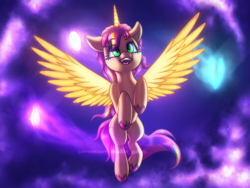 Size: 4000x3000 | Tagged: safe, artist:shad0w-galaxy, sunny starscout, alicorn, earth pony, pony, g5, my little pony: a new generation, spoiler:g5, spoiler:my little pony: a new generation, alicornified, artificial wings, augmented, female, flying, glowing, glowing horn, high res, horn, magic, magic wings, mare, night, open mouth, race swap, sky, smiling, solo, sunnycorn, wings