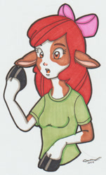 Size: 536x886 | Tagged: safe, artist:cqmorrell, apple bloom, cow, anthro, equestria girls, g4, cowbloom, cowified, mid-transformation, open mouth, signature, solo, species swap, traditional art, transformation
