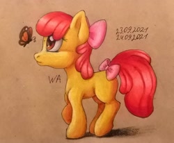 Size: 1592x1311 | Tagged: safe, artist:anon_whatever, apple bloom, butterfly, earth pony, pony, g4, bow, female, filly, solo, tail, tail bow