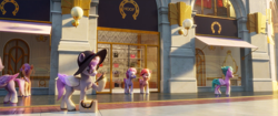 Size: 1920x804 | Tagged: safe, screencap, lavender creme, prancer gloaming, windy, pegasus, pony, g5, my little pony: a new generation, 3d, cellphone, female, mall, mare, phone, smartphone, store, storefront, unnamed character, unnamed pony, zephyr heights