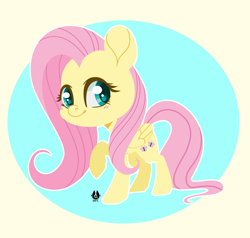Size: 1280x1218 | Tagged: safe, artist:happyfoxxart, part of a set, fluttershy, pegasus, pony, g4, blushing, chibi, colored pupils, cute, daaaaaaaaaaaw, female, folded wings, looking at you, mare, outline, raised hoof, shyabetes, smiling, solo, standing, three quarter view, white outline, wings