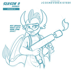 Size: 960x960 | Tagged: safe, artist:jcosneverexisted, smolder, dragon, g4, sweet and smoky, female, fire, flamethrower, glasses, season 9 doodles, solo, text, weapon