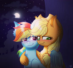 Size: 2620x2435 | Tagged: safe, artist:galaxy swirl, applejack, rainbow dash, earth pony, pegasus, pony, g4, chest fluff, cloud, cute, duo, duo female, female, high res, hoof on shoulder, lesbian, mare, moon, night, ship:appledash, shipping, smiling, stars