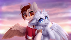 Size: 3890x2159 | Tagged: safe, artist:blooming-lynx, oc, oc only, pegasus, pony, clothes, duo, female, freckles, high res, oc x oc, shipping