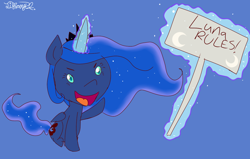 Size: 1268x806 | Tagged: safe, artist:itiffanyblue, princess luna, alicorn, pony, g4, chibi, glowing, glowing horn, horn, magic, sign, solo, telekinesis