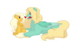 Size: 1280x732 | Tagged: safe, artist:itstechtock, zephyr breeze, oc, oc:meadowlark, pony, g4, brush, female, filly, hairbrush, lying down, offspring, parent:bulk biceps, parent:fluttershy, parents:flutterbulk, prone, simple background, transparent background