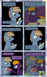 Size: 1920x3169 | Tagged: safe, artist:alexdti, oc, oc only, oc:brainstorm (alexdti), oc:purple creativity, pegasus, pony, unicorn, comic:quest for friendship, book, comic, dialogue, duo, female, folded wings, glasses, green eyes, hoof hold, hoof over mouth, horn, male, mare, pegasus oc, speech bubble, stallion, standing, teary eyes, two toned mane, underhoof, unicorn oc, wings