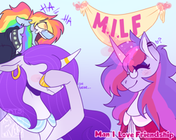 Size: 2500x2000 | Tagged: safe, artist:gothalite, rainbow dash, rarity, twilight sparkle, alicorn, pegasus, pony, unicorn, g4, acronym, banner, choker, clothes, collar, crying, ear piercing, earring, facehoof, female, glasses, glowing, glowing horn, high res, hoof polish, horn, implied milf, innocent, jewelry, laughing, magic, mare, piercing, smiling, tears of laughter, telekinesis, trio, twilight sparkle (alicorn)