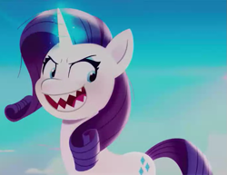 Size: 693x536 | Tagged: safe, screencap, rarity, pony, unicorn, g5, my little pony: a new generation, spoiler:my little pony: a new generation, evil, evil rarity, female, mare, open mouth, open smile, pony history, possessed, prologue, rarisnap, sharp teeth, smiling, solo, sproutity, start of ponies, teeth